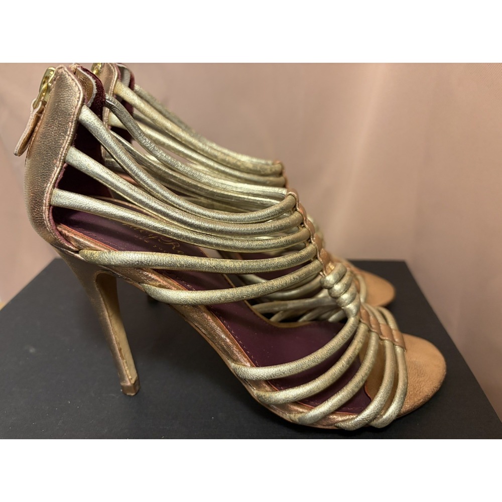 Metallic Gold Strappy Cage Heels Y2K Party Stiletto Sandals 36.5 Tracy Reese